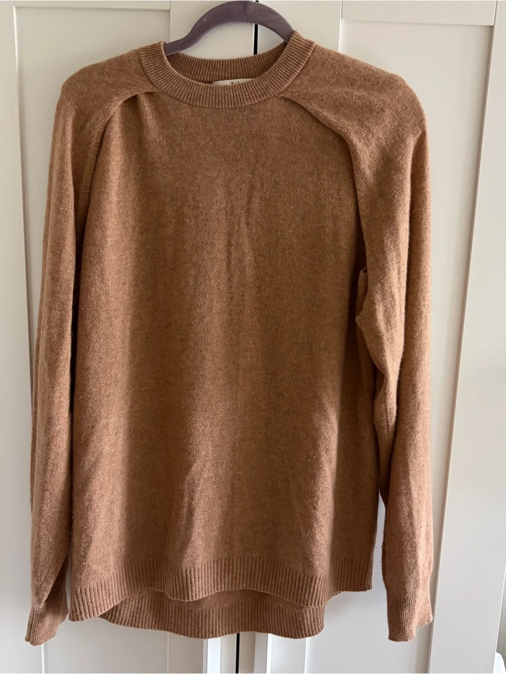 Tibi Featherweight Cashmere Cutout Sleeve Sweater in Camel